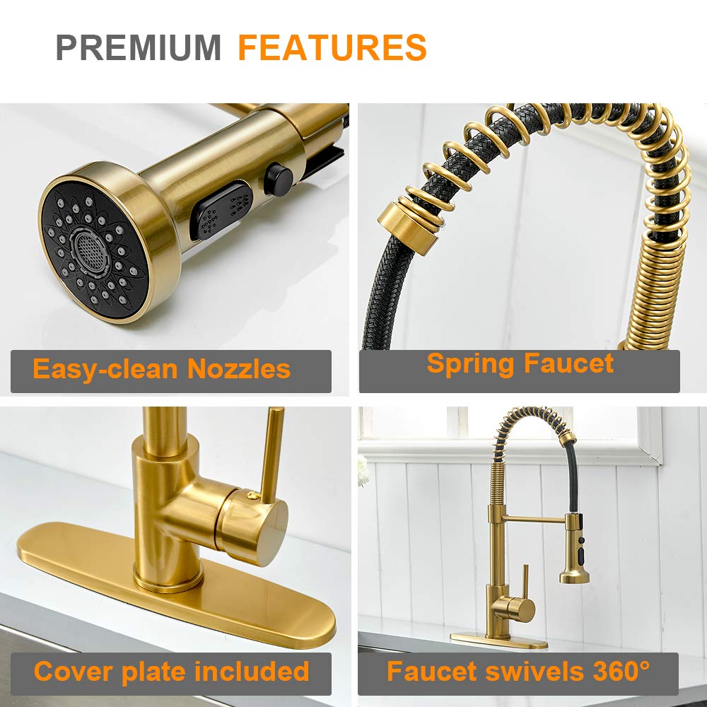 Hoimpro Brushed Gold High Arc Spring Kitchen Faucet with Pull Down Sprayer  Commercial Rv Single Lever Kitchen Sink Faucet  3 Function Single Handle Laundry Faucet  Brass / Brushed Gold (1 or 3 Hole)